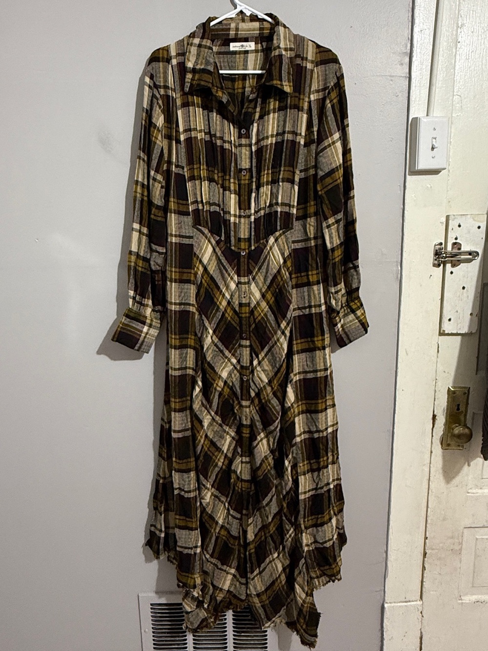 Natural Life Eliza Dress Womens L Plaid Maxi Button Front Boho Handkerchief Hem